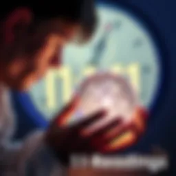 A person looking at a crystal ball during a reading session with 11:11 clock in the background