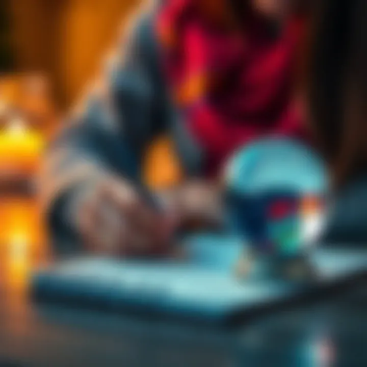A person writing a review on a notepad with a crystal ball nearby, symbolizing a free reading session exchange for feedback.