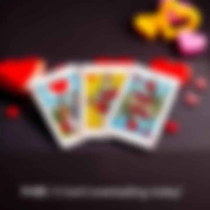 A colorful tarot card spread featuring three cards, representing love and relationships, with hearts in the background.
