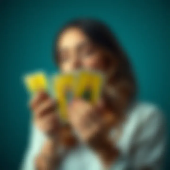 A person holding three tarot cards, with a serene expression, symbolizing guidance and support after a breakup.