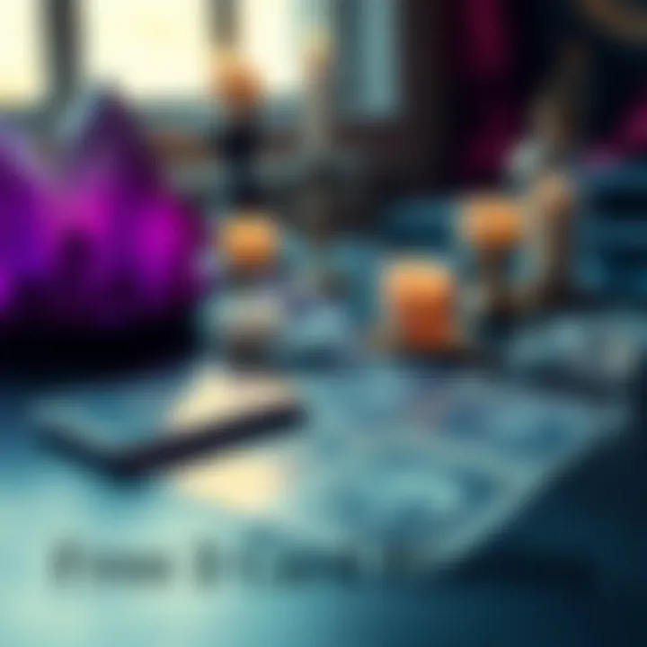 A tarot card spread showcasing three cards laid out on a table, with crystals and candles in the background