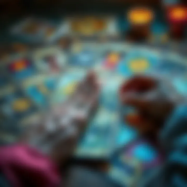 A colorful tarot card spread with a person placing their initials and question in the comments for a reading