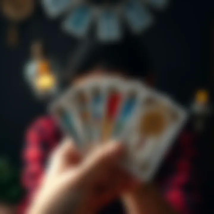 A person holding tarot cards with a question in mind, inviting others for free readings.