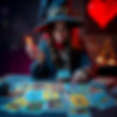 A witch offering tarot card readings in the comments section, with colorful cards laid out on a table and a heart symbol in the background.
