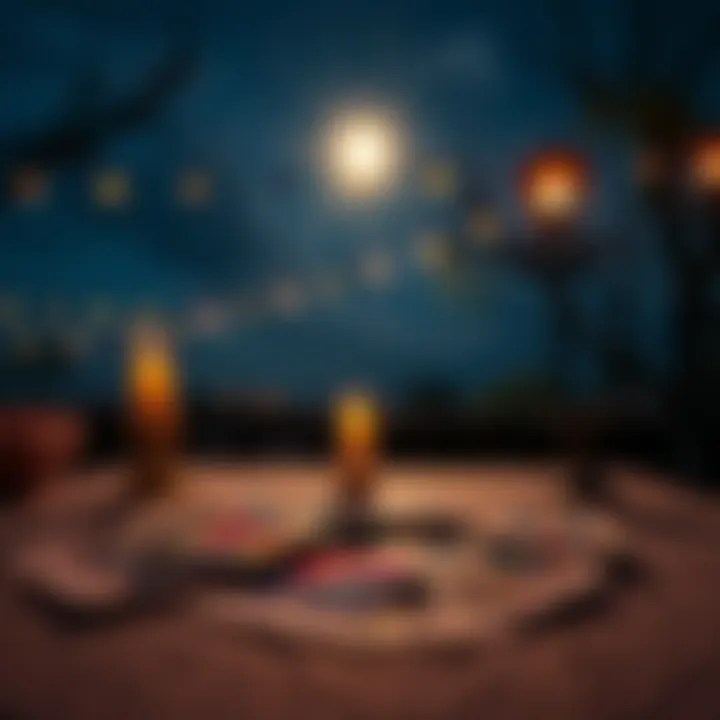 A person conducting card readings under the moonlight, with tarot cards spread out on a table, creating a cozy and inviting atmosphere.