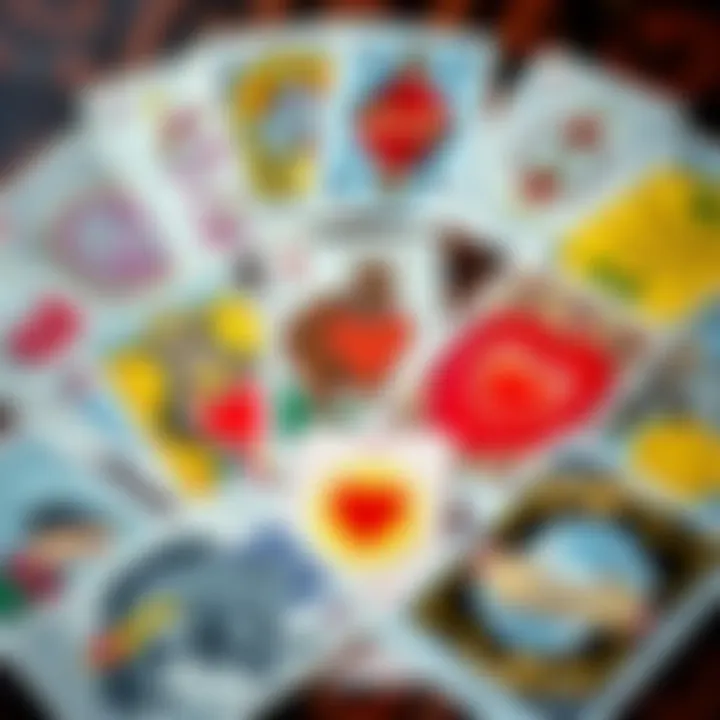 A colorful spread of tarot cards with symbols of hearts and friendship, inviting participation in card readings.