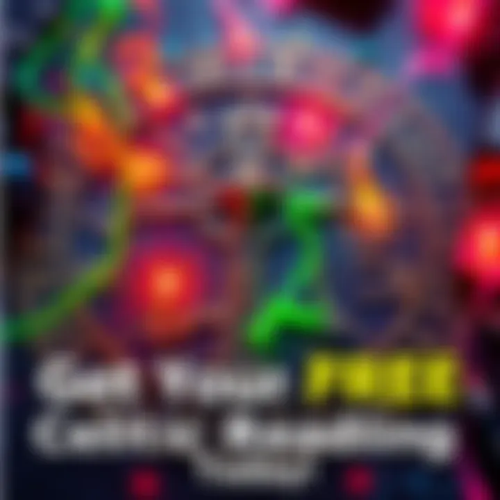 A colorful Celtic Cross tarot spread with zodiac signs around it, inviting people to comment their signs for a reading.