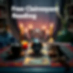 A table with tarot cards and a crystal ball, surrounded by candles and a spiritual backdrop, inviting participants for free clairvoyant readings.