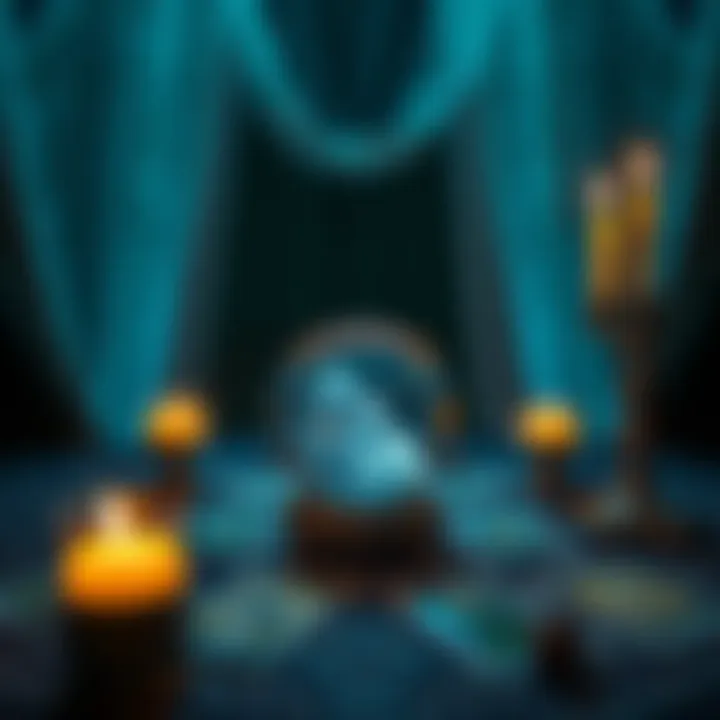 A serene scene with a crystal ball on a table, surrounded by candles and tarot cards, symbolizing intuitive insights and energy readings.