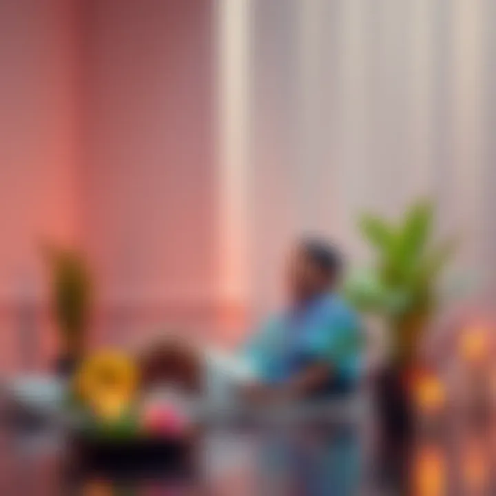 A serene setting with a person receiving an intuitive energy reading from a Kerala-based reader, surrounded by natural elements like plants and calming colors.