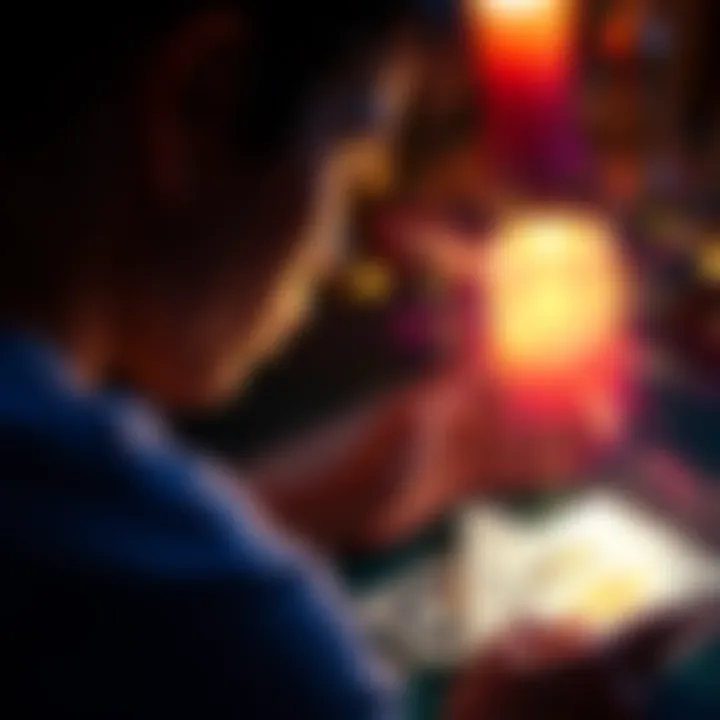 A person looking at tarot cards with a glowing light around them, symbolizing intuitive readings