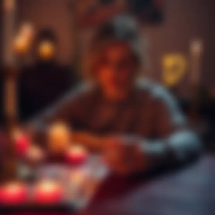 A person receiving a clairvoyant reading focused on love, surrounded by candles and crystals, with a tarot card spread visible on the table.