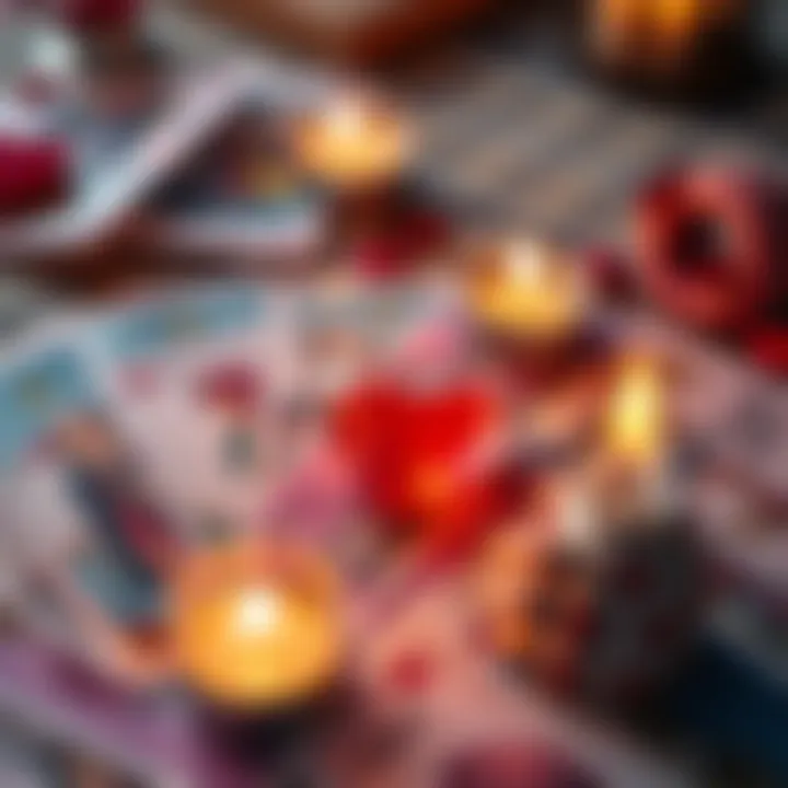 Free Love Reading Offer A colorful tarot card spread with a heart symbol and candles, representing a free love reading in July.