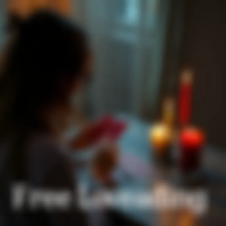 A person receiving a love reading from an intuitive channeler, with cards and candles on a table.