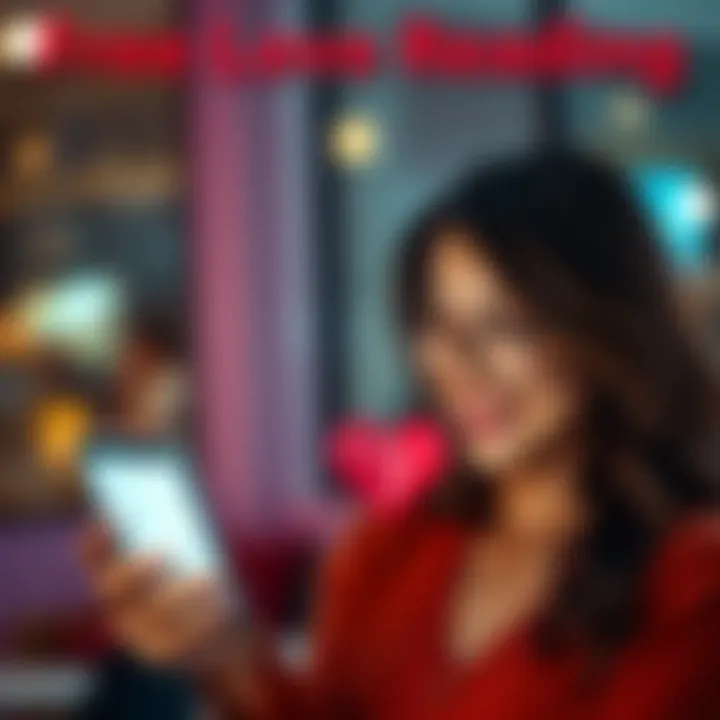 A woman looking at her phone with a smile, excited about a free love reading opportunity. A heart graphic is displayed nearby, symbolizing love and connection.