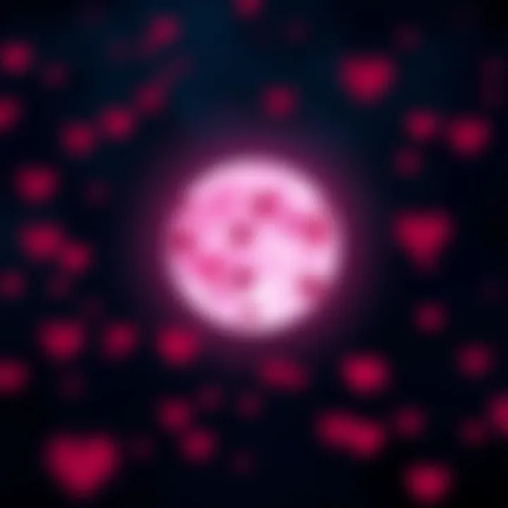 A pink moon shining brightly in a night sky with hearts surrounding it, representing love and self-love readings.