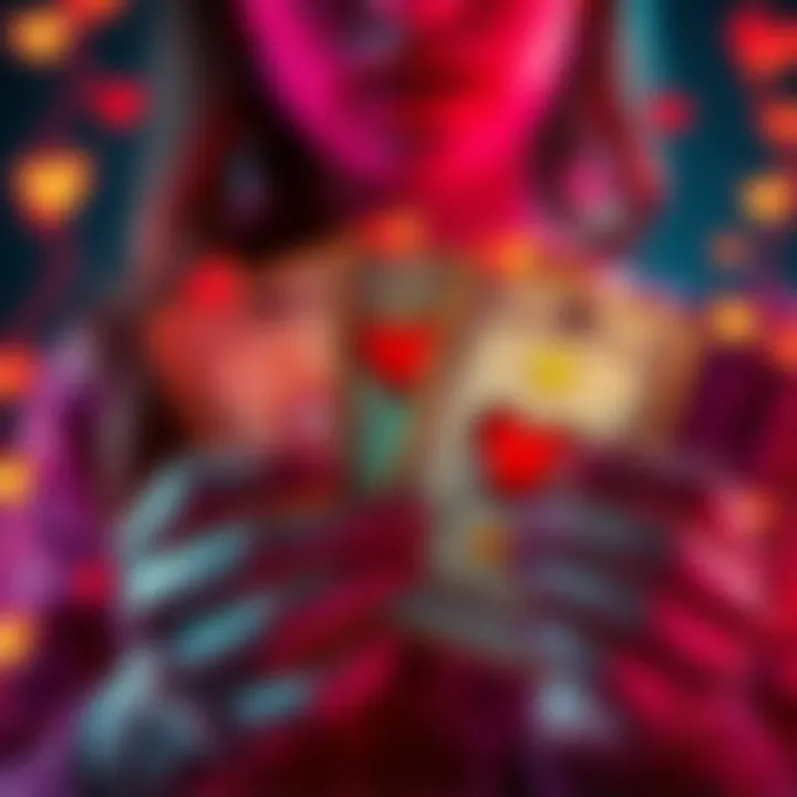 A person holding tarot cards with hearts and stars around them, symbolizing love readings