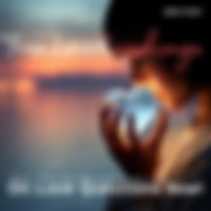 Free Love Readings A person looking at a heart-shaped crystal ball, contemplating love questions, with a calming background.