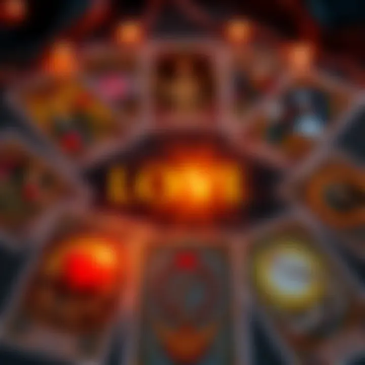 A tarot card spread with love symbols and a glowing light, representing intuitive readings on relationships and soul connections.