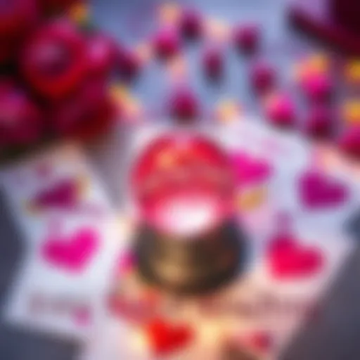 A tarot card spread with hearts and a crystal ball, symbolizing love and relationships
