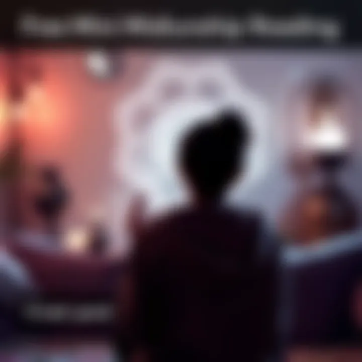 A person engaging with a medium in a warm setting, with spiritual symbols in the background, inviting connection and insight.