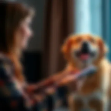 A person interacting with a happy dog while holding a notepad for pet readings.