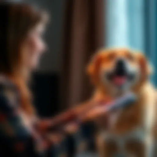 A person interacting with a happy dog while holding a notepad for pet readings.