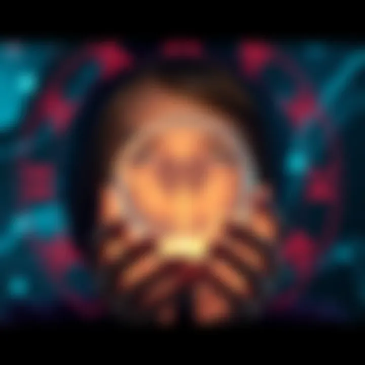 A person looking at a crystal ball while surrounded by zodiac signs, symbolizing a psychic reading about love and ex relationships.