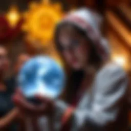 A clairvoyant with a crystal ball offering free psychic readings to people