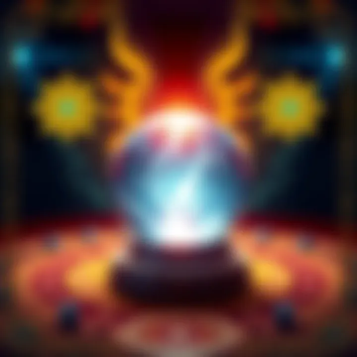 A bright crystal ball with light shining, symbolizing psychic readings, surrounded by mystical symbols