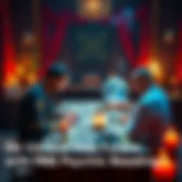 A person sitting at a table with tarot cards and a crystal ball, offering a reading to another individual, surrounded by candles and mystical decor.