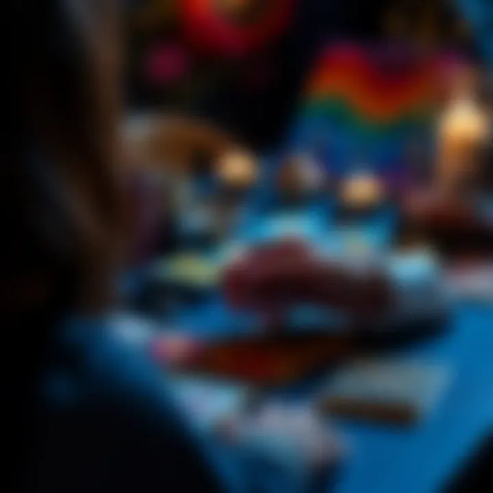 A person receiving a tarot card reading with colorful cards spread out on a table