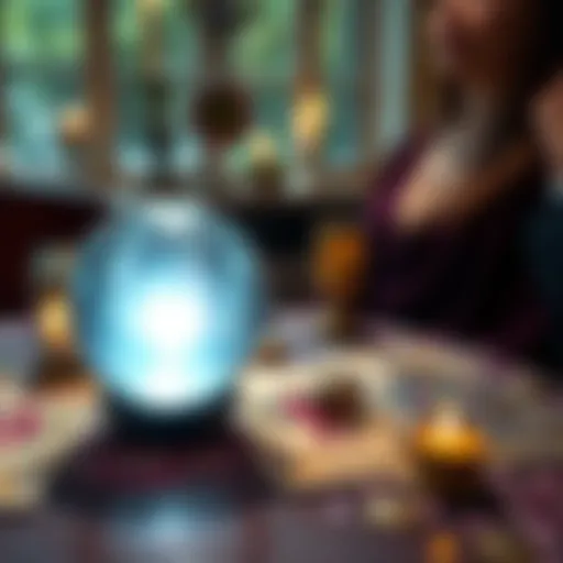 A welcoming scene of a crystal ball and tarot cards on a table, inviting people for a psychic reading.