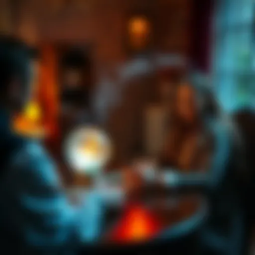 A psychic sitting at a table with tarot cards and a crystal ball, offering a reading to a person, showcasing an inviting atmosphere.