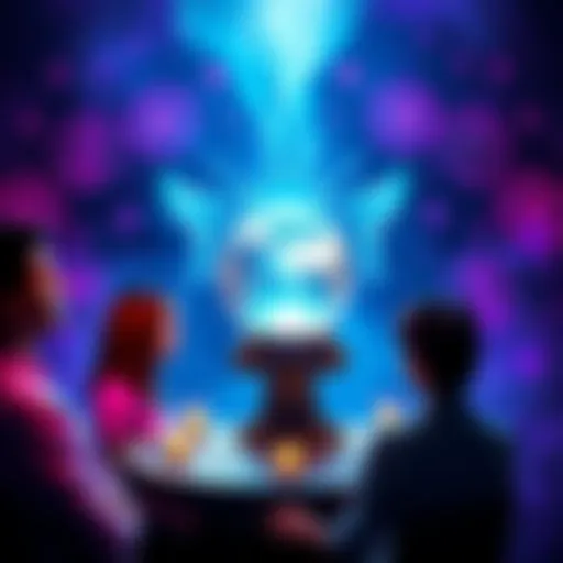 A psychic medium with a crystal ball offering free readings to people, surrounded by mystical symbols and a calming aura.
