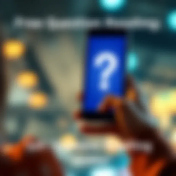 A person holding a phone with a question mark displayed on the screen, inviting others to send questions for a free reading.