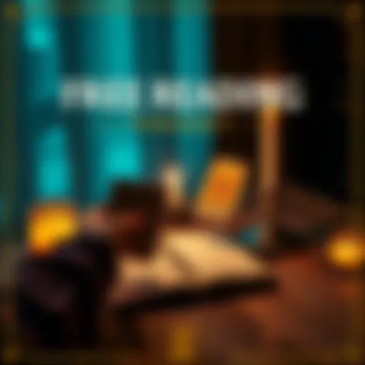 A person holding tarot cards with a candle and notebook on a table, inviting people for free readings.