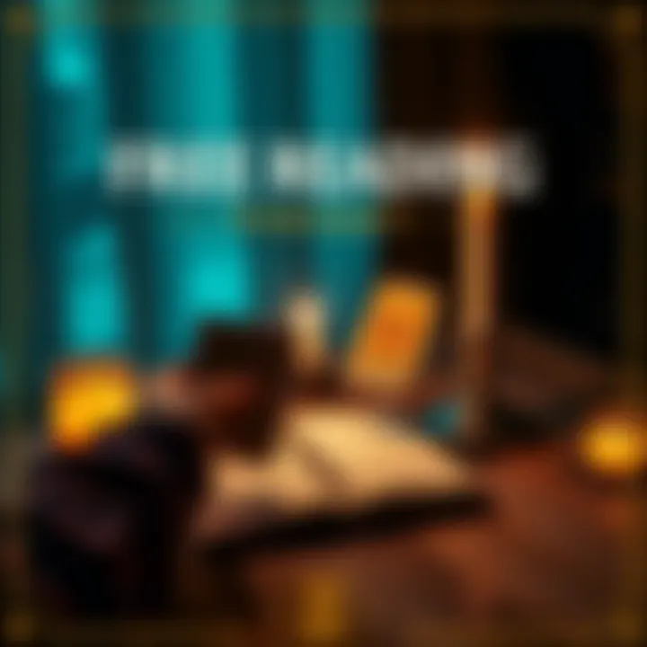 A person holding tarot cards with a candle and notebook on a table, inviting people for free readings.