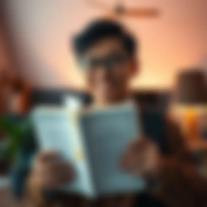 A person holding a book with a joyful expression, inviting others to join for a free reading session.