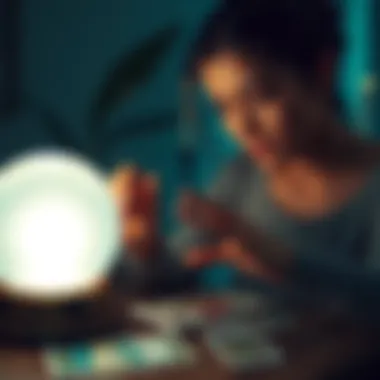 A person looking at a crystal ball with tarot cards spread out, representing personalized readings and insights.