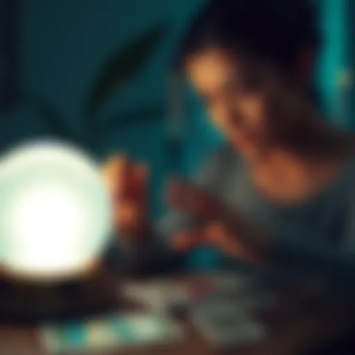 A person looking at a crystal ball with tarot cards spread out, representing personalized readings and insights.
