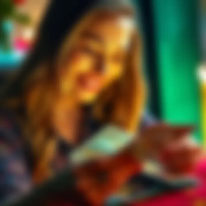 A woman looking at tarot cards with a warm smile, inviting other women for free readings