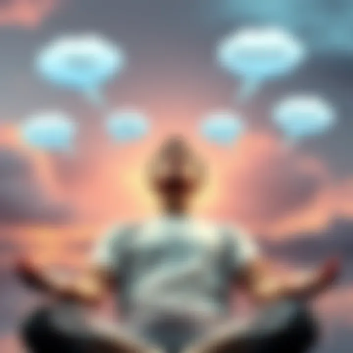 A person relaxed and meditating with calming visuals and thought bubbles representing subliminal messages, promoting self-improvement.
