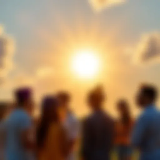 A bright sun with rays shining over a group of diverse people discussing and sharing their thoughts on relationships and work during the Summer Solstice.