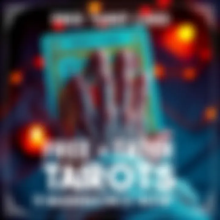 A colorful tarot card with mystical symbols and a fortune teller's hand reaching out, promoting free readings.