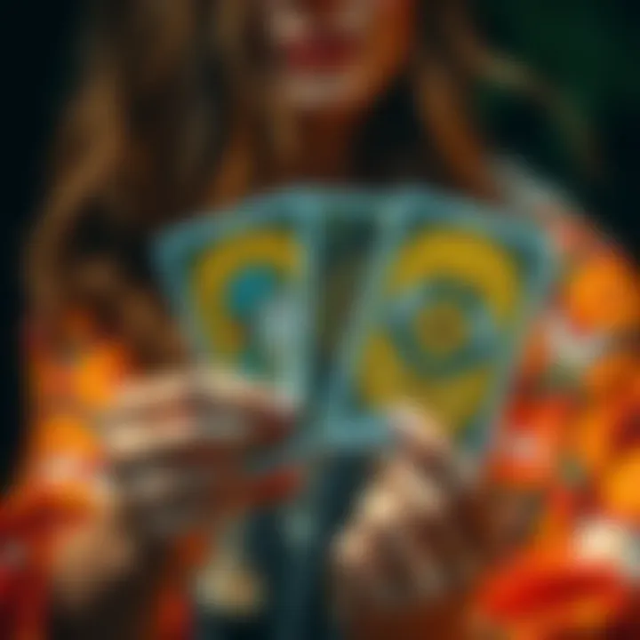 A person holding three tarot cards with colorful designs, inviting others to get personal readings through direct messages.