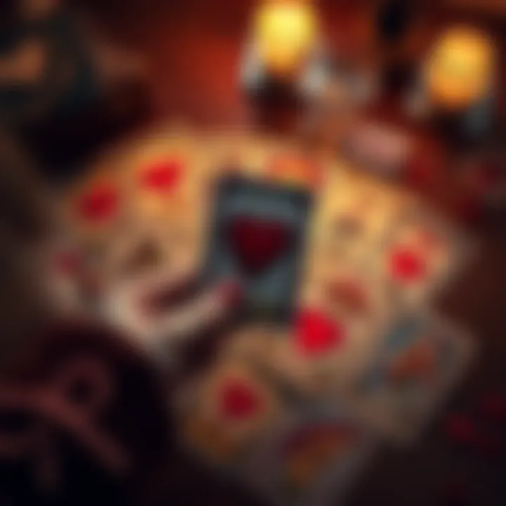 A tarot card spread with hearts and a person holding a card, inviting people for free love readings