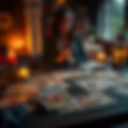 A person with tarot cards spread out on a table, inviting others to participate in free readings, with a peaceful ambiance and candles lit.