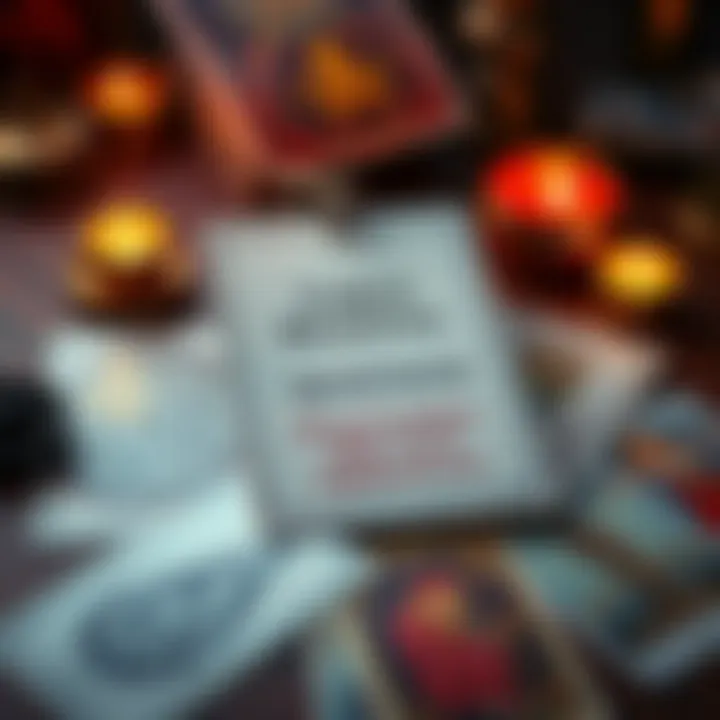 A tarot card spread with a sign inviting questions, along with zodiac symbols around it.