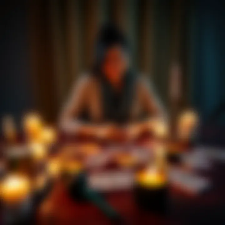 A tarot practitioner with cards spread out on a table inviting people for free readings with candles lit around her.
